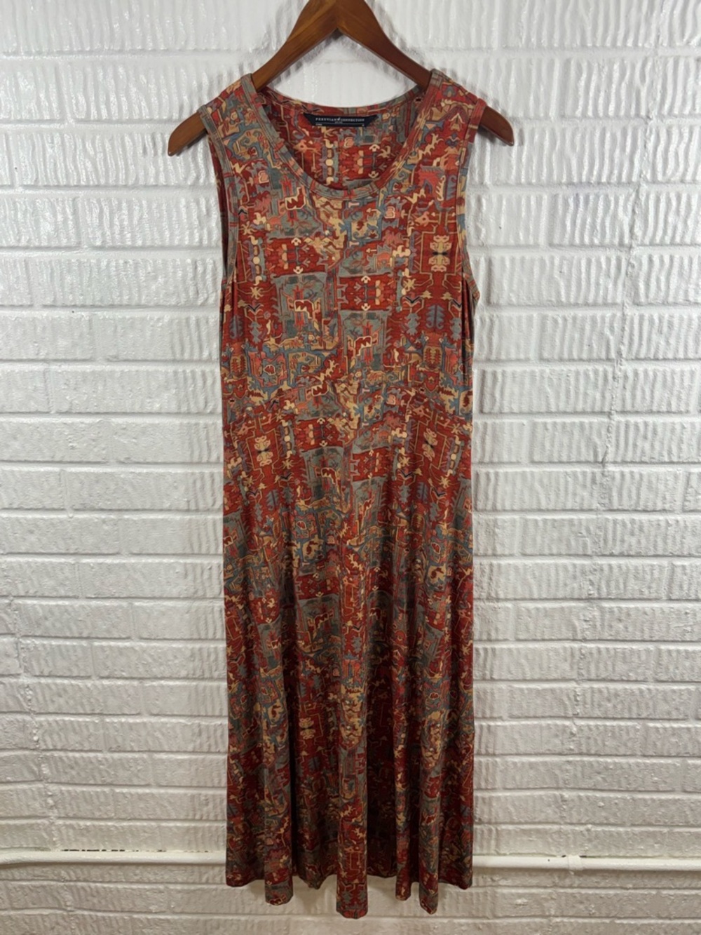 Peruvian Connection Floral Maxi Dress Blue Pima Cotton Stretch Sleeveless Medium